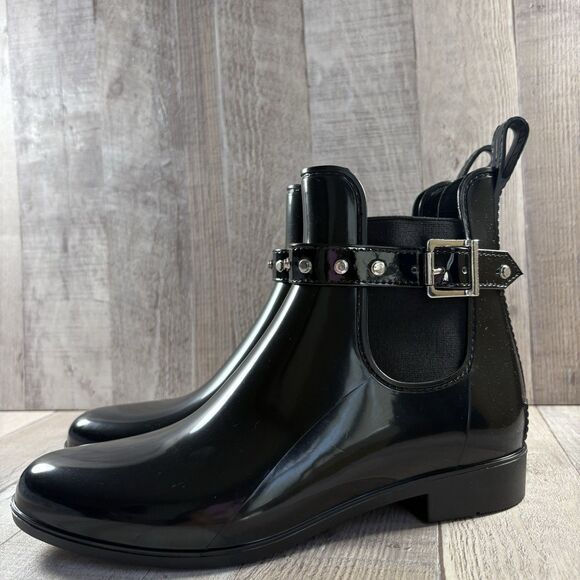 Halogen Women's Size 8 Rain Boots Ankle Bootie Buckle Studded Glossy Black - Picture 1 of 12